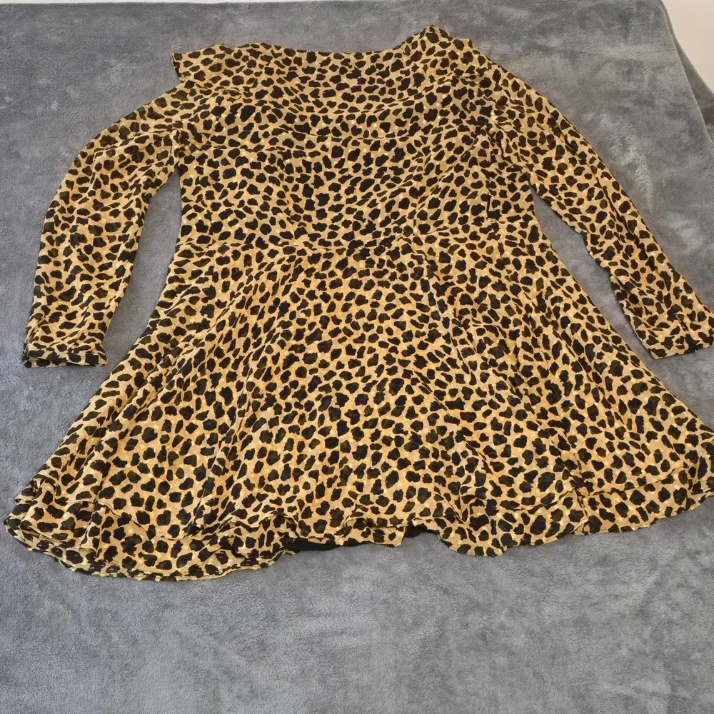 Free People Leopard Print Long Sleeve Mini Wrap‎ Dress Ruffle Hem V-Neck Burnout